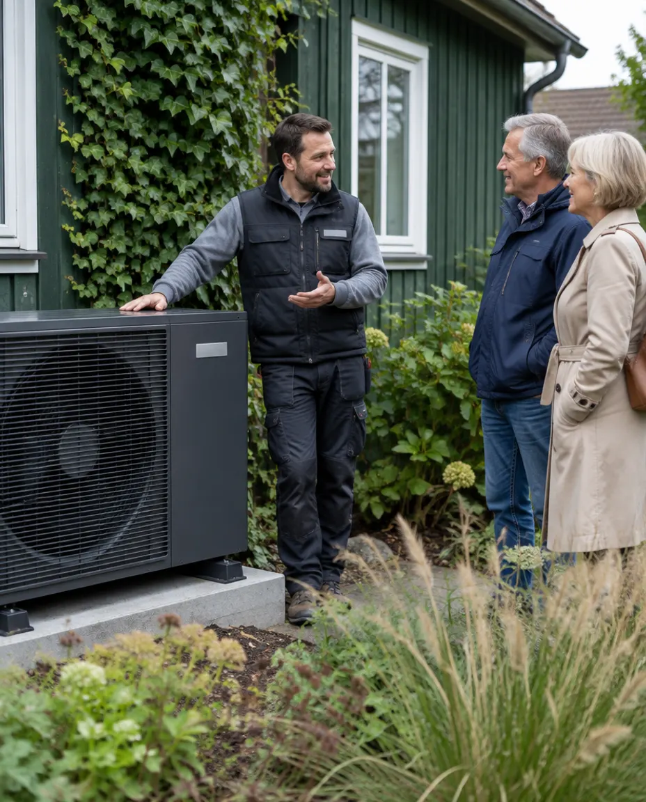 KI-generiertes Symbolbild: Heizungsbauer erklärt einem Ehepaar die neu aufgestellte Wärmepumpe vor dem Haus